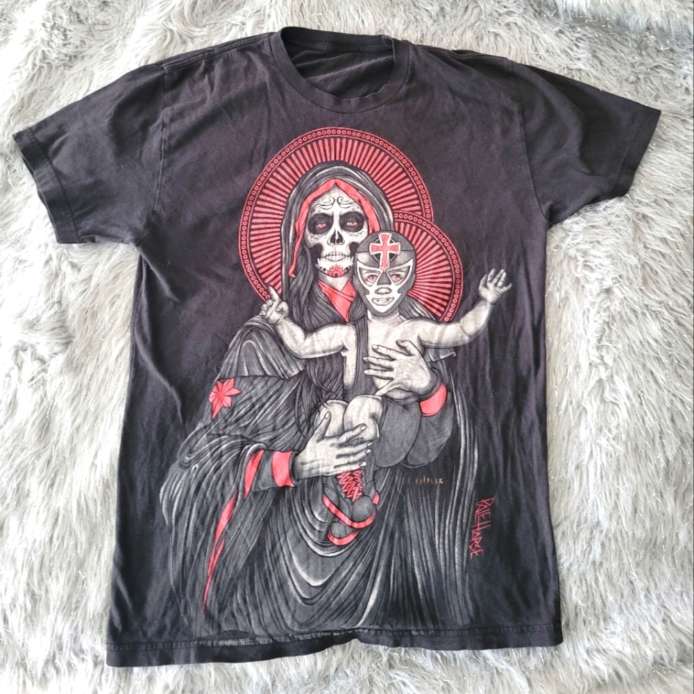 Vntge Day Of The Dead Tattoo Pale Horse T Shirt Masked Mary Halloween Y2k Size M
